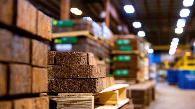 Stacked wooden planks in a spacious warehouse with blurred background and artificial lighting