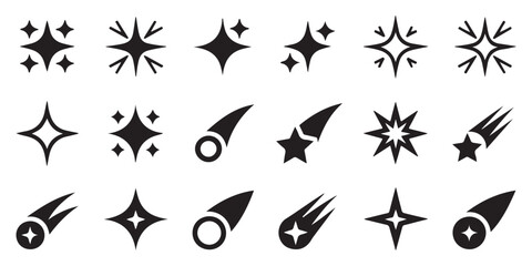 Fototapeta premium Decorative shooting stars and sparkle icons set featuring trailing celestial shapes for comic style motion and magical space visual elements.