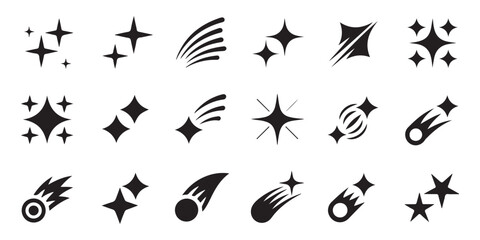 Obraz premium Black star and comet silhouette vector icon set containing various twinkling designs spark elements and shooting stars for creative projects.