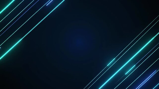 Static shot of diagonal glowing cyan light lines moving along parallel tracks with central copy space for technology background.
