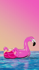 Fototapeta premium Inflatable Flamingo in a Swimming Pool - Video Game 3D illustration social media