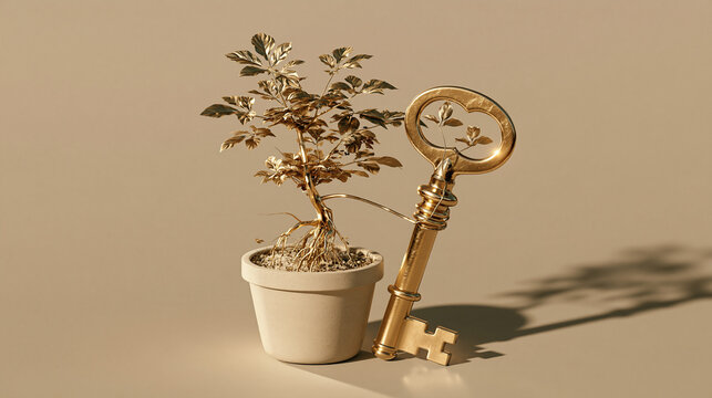 Potted Plant with Golden Skeleton Key Trunk Symbolizing Success Growth