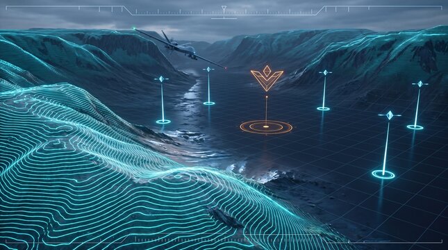 UAV flight telemetry geospatial topographic lidar map contour elevation plateau wind gap glowing cyan isolines digital terrain radar HUD interface navigation futuristic cartography satellite survey
