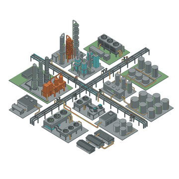 Creative Isometric of Industrial Chemical Processing Plant with Pipes Tanks and Cooling Units in Gray Orange and Green