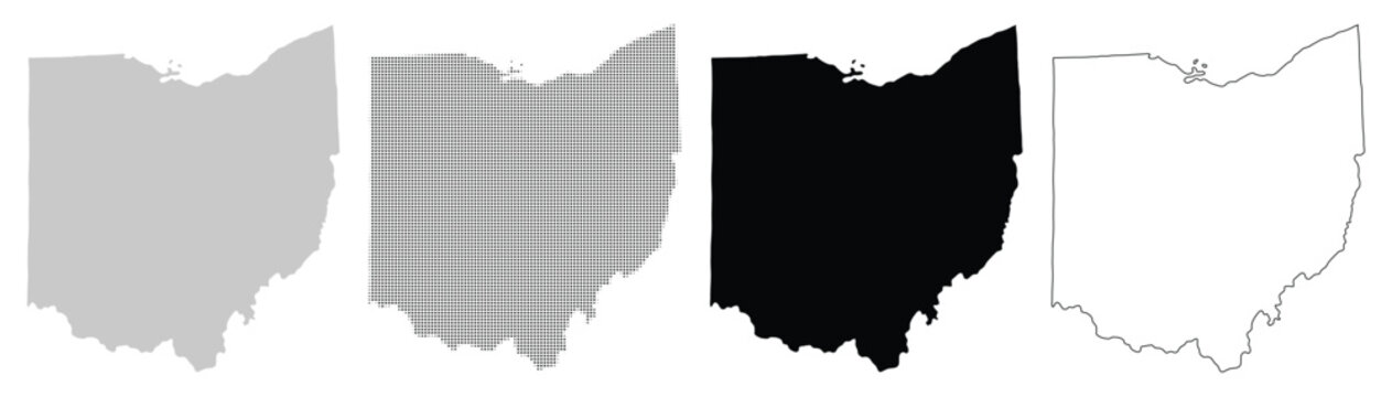 Set of Ohio map icons in various styles. Halftone, flat black, grey and border line country map vector collection.