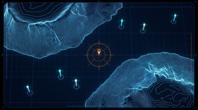 Top-down nadir UAV telemetry topographic lidar map contour elevation sunken caldera seafloor glowing cyan isolines digital terrain radar HUD interface navigation futuristic cartography satellite
