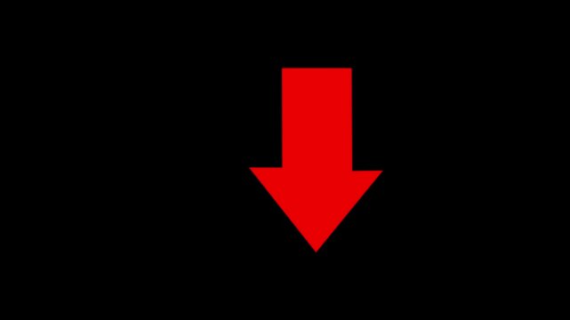 Animated red arrow pointing down on black background.Abstract glowing down arrow icon animation