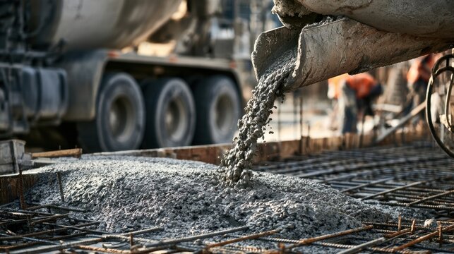 Pouring wet concrete from chute onto steel reinforcement at construction site with worker in background