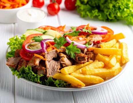 D&ouml;nerteller mit Pommes und Salat als Imbiss