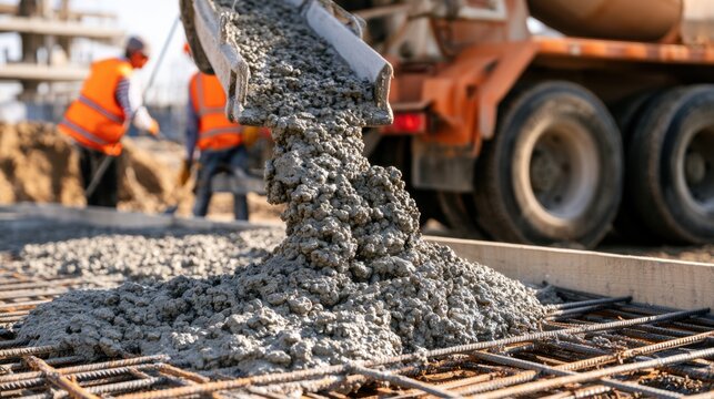 Pouring fresh concrete for foundation slab with construction workers in safety vest at building site during daytime