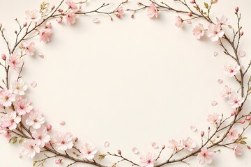 Fototapeta premium Delicate Spring Cherry Blossom Sakura Branches Oval Frame Isolated on Off White Background
