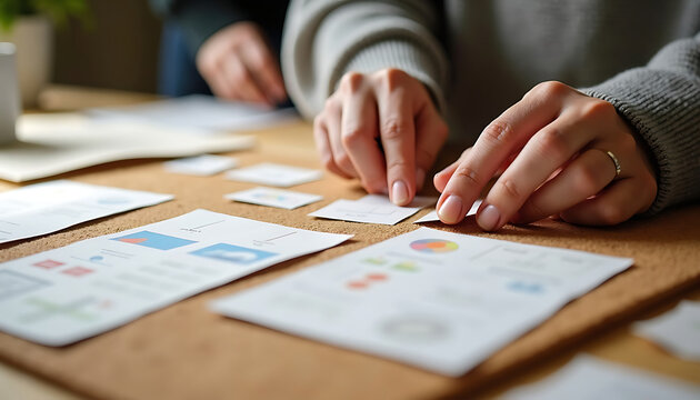 Designer hands arranging business presentation charts and graphs on cork board for project planning.