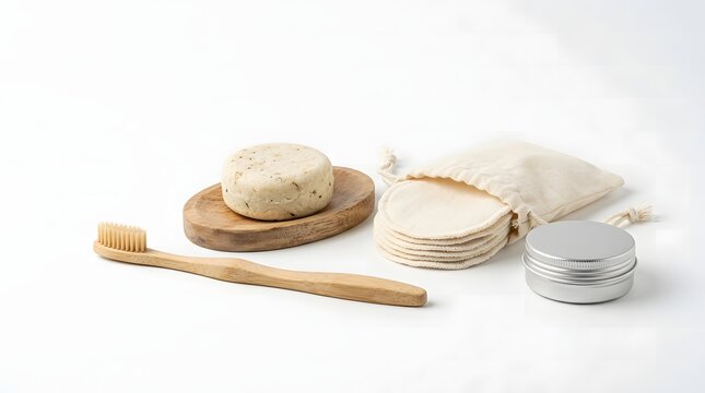A zero-waste travel toiletry set with a bamboo toothbrush, shampoo bar, reusable cotton pads, and a metal tin on a white background.