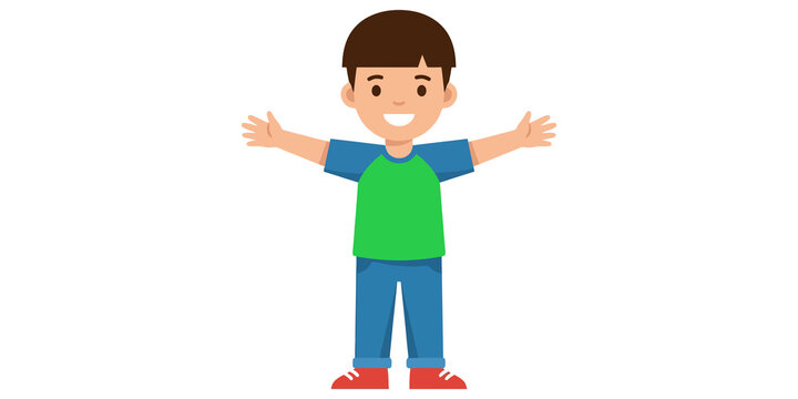 Happy smiling boy in green shirt and blue pants standing with arms wide open, welcoming gesture.
