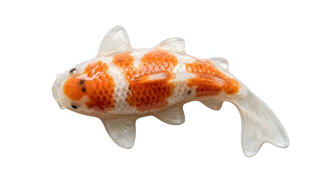 A translucent koi fish-shaped jelly dessert with orange and white patterns on a white background.