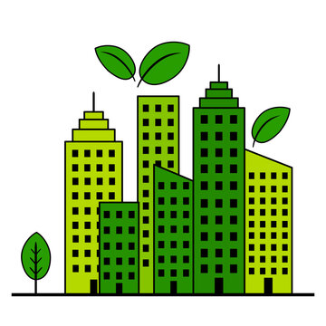 Green eco friendly city vector illustration with sustainable buildings and leaves for environmental concept