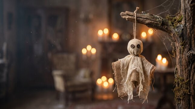 Creepy handmade voodoo doll hanging from a rustic wooden branch inside a dark haunted interior with glowing candlelight
