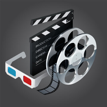 Cinema movie vector asset. Slate clapperboard, film roll strip tape, stereoscopic glasses object, theater premiere entertainment production show element graphic design concept.