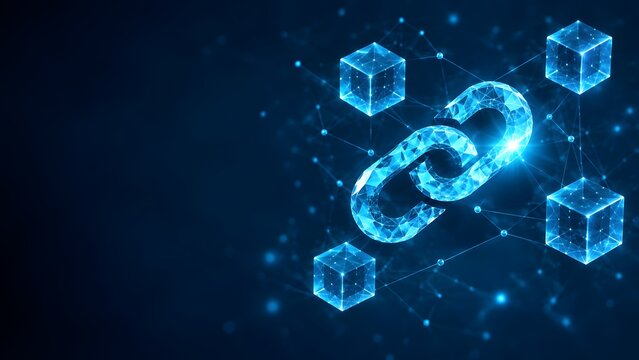 Abstract blockchain network with glowing digital chain links and connected cubes on a dark blue background representing decentralized technology and data security.
