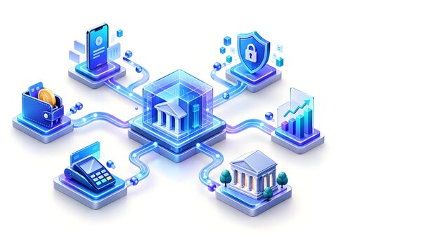 Digital financial network connecting banks mobile payments and security systems with data analytics and growth charts
