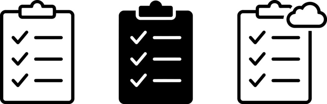 Checklist and clipboard vector icon set, black linear and filled task list symbols with cloud storage icon for UI design