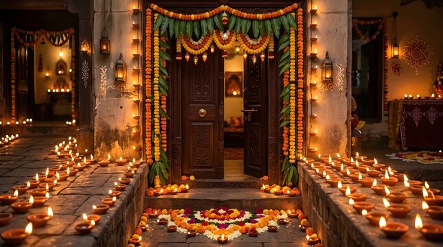 Traditional indian house entrance decorated with oil lamps and flowers