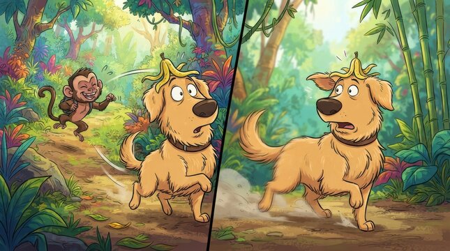 Funny dog with a banana peel on its head running away from a playful monkey