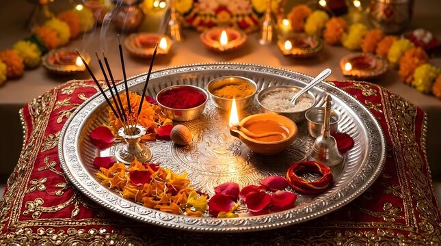 Hindu ritual puja thali with lit oil lamp and burning incense