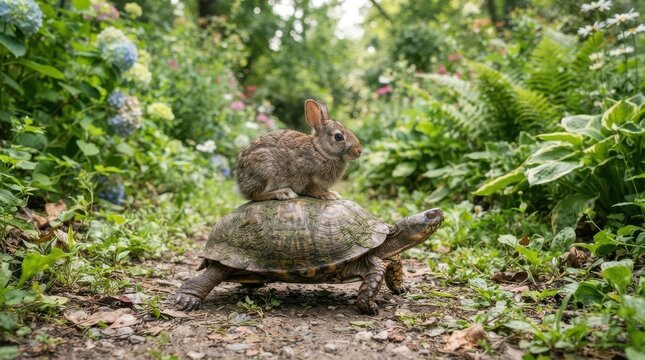 A small rabbit sitting on top of a turtle in a lush green forest
