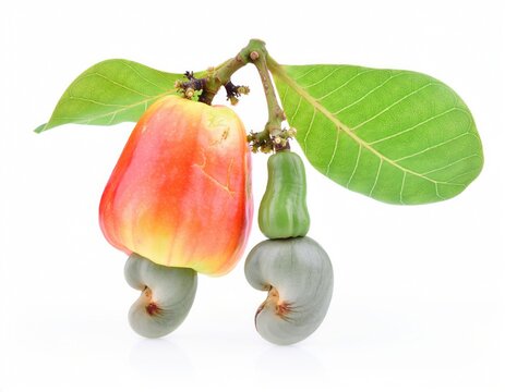 Fresh cashew fruits with nuts and green leaves isolated on white background