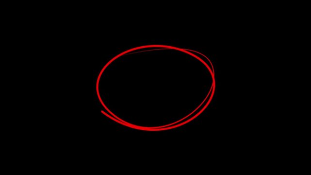 hand drawing red circle animation isolated on black background, hand-drawn doodle grunge circle highlights animation 4k video. Red brush stroke circle motion graphics animation.
