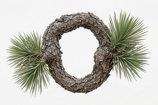 Unique Circular Joshua Tree Branch with Spiky Green Leaves Isolated on White Background - Natural Frame Concept