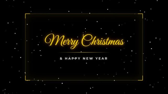 Merry christmas and happy new year text with gold glowing frames on a dark background with falling snow particles with video three
