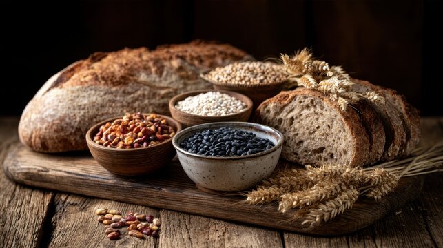 Rustic whole grain artisan bread with sliced loaf surrounded by bowls of black bean, white rice, red bean, and wheat stalks on wooden surface