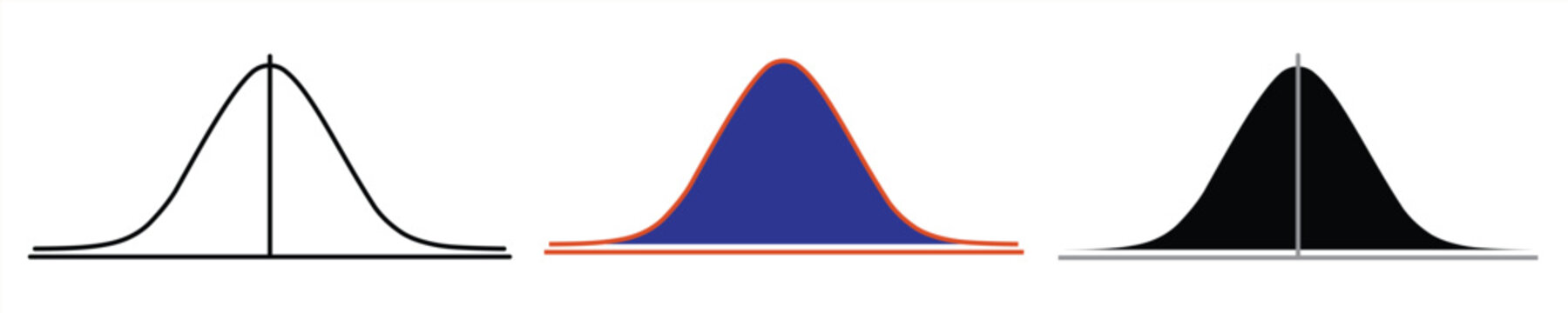 Bell curve icons. Normal distribution graph, Gaussian curve, symmetrical shape, outline, blue filled and black filled silhouette