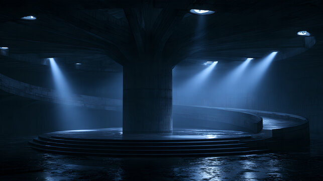 Dark futuristic underground concrete parking structure with spiral ramp and dramatic blue lighting
