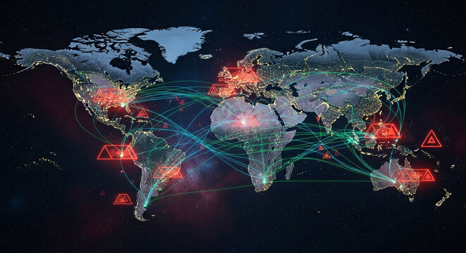 Global cybersecurity network map with threat alerts