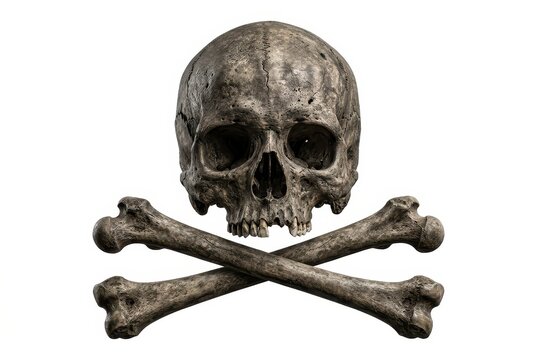 Realistic Human Skull and Crossbones Isolated on White Background - Jolly Roger Symbol of Danger and Mortality