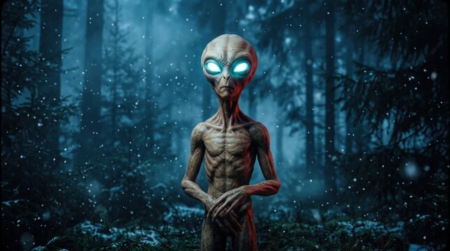 Portrait of a grey alien standing in a dark snowy winter forest