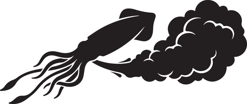 Giant squid swimming away while spraying a dark ink cloud is shown in a black vector silhouette style.