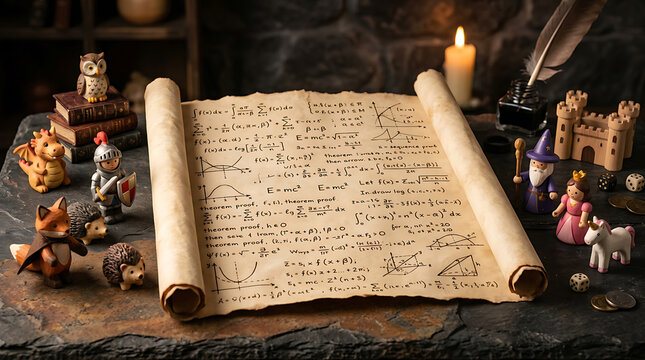 Ancient scroll with complex mathematical equations on a stone desk surrounded by fantasy figurines