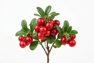 Obraz premium Ripe Red Cowberry or Lingonberry Branch with Green Leaves Isolated on White Background