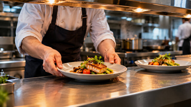 A chef in a professional kitchen plates a gourmet dish with grilled salmon, vegetables, and microgreens under warm lighting.