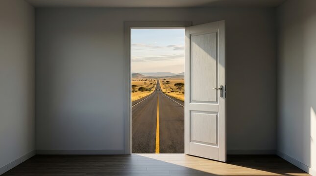 Open white wooden door revealing long asphalt road leading toward distant African savannah landscape