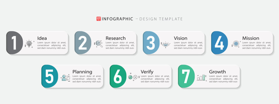Infographic template. 7 Step timeline journey, Flat simple infographics design template. presentation graph. Business concept with numbers 7 options or steps vector illustration.