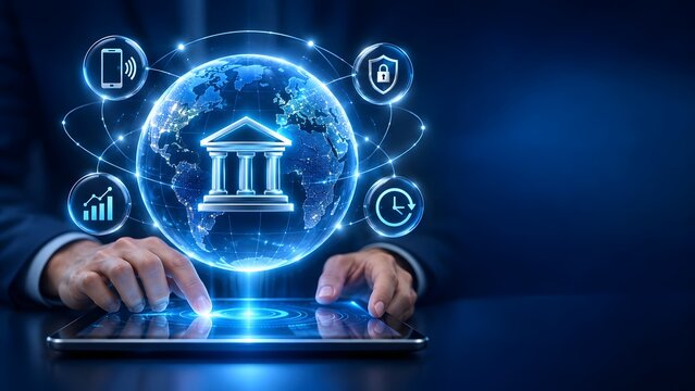 Global financial institution digital banking services with interconnected icons for mobile security and analytics on a digital earth.