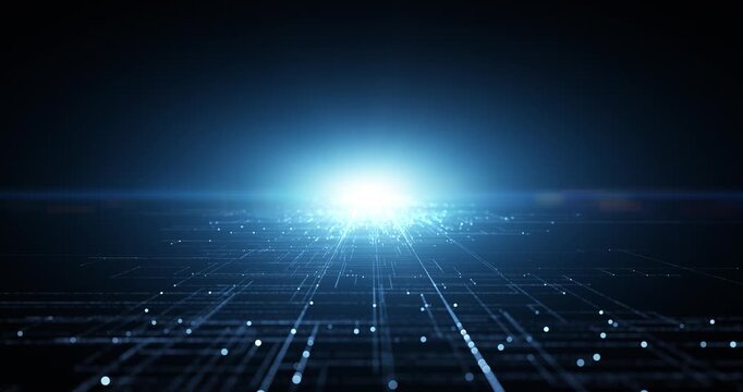 Digital technology netowrk lines and dots with glowing light of flare loop animation.