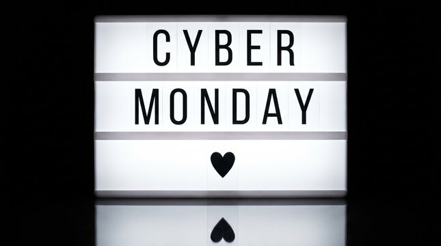 Light box with cyber monday text and a black heart symbol against a dark background with displays words cyber message