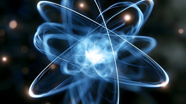 A glowing blue atomic structure with orbiting rings and bright central core against a dark background with soft light bokeh