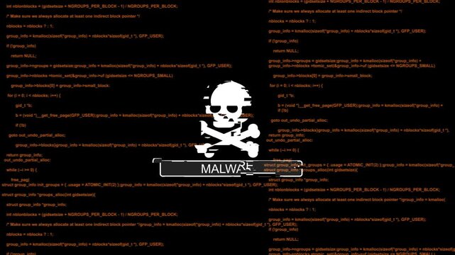 Cyber security warning: malware alert over digital source code background, computer virus hacking, data breach